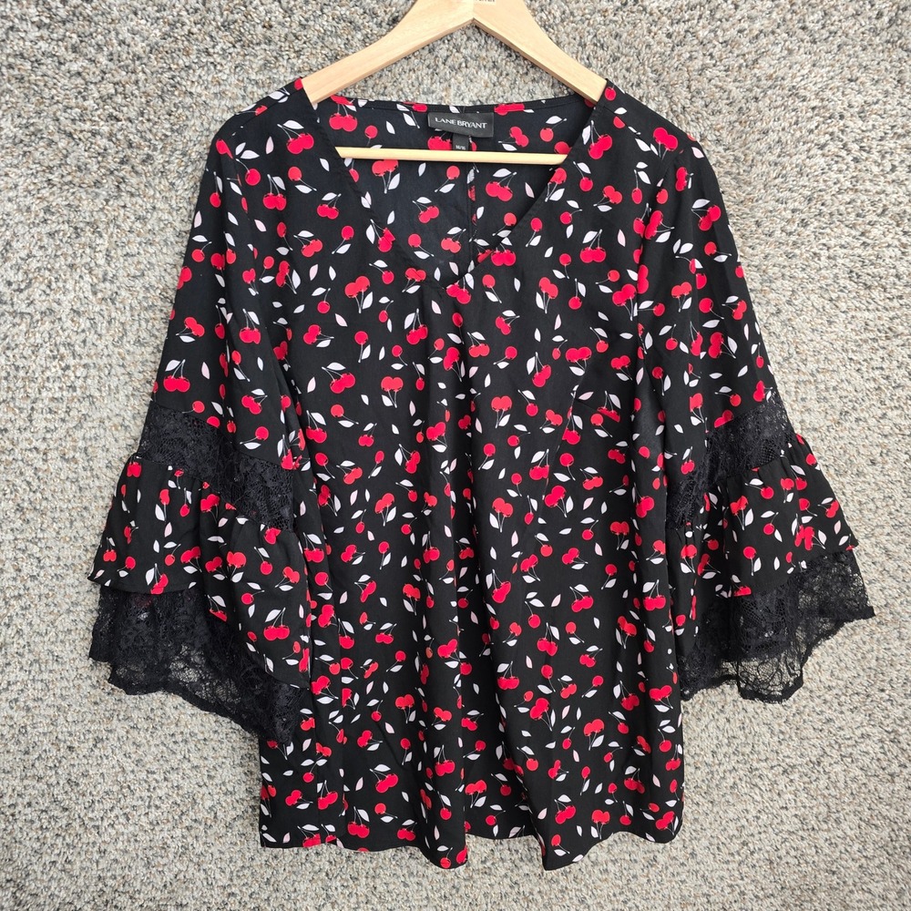 Lane Bryant Top Womens Plus 14/16 Black Red Cherry Print V Neck Blouse‎ Ladies
